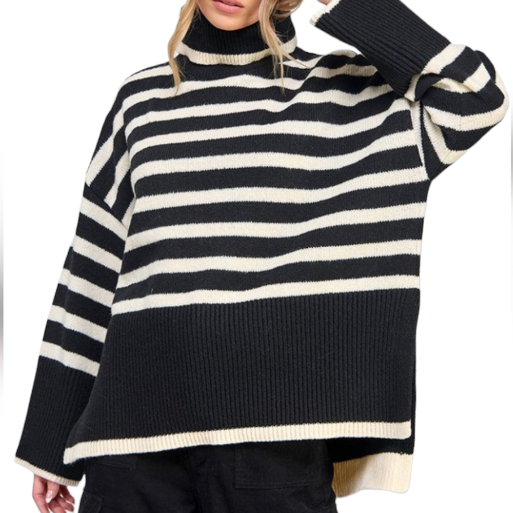 70. Women's Black Turtleneck Stripe Knit Top NWT